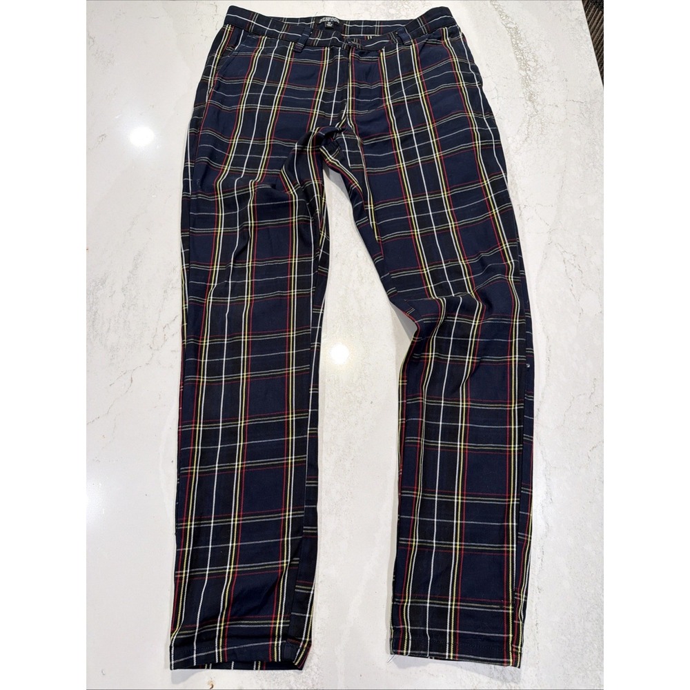 Elwood Mens 32x30 Golf Tartan Stretch Pants Navy Red Plaid Tapered Loud Preppy